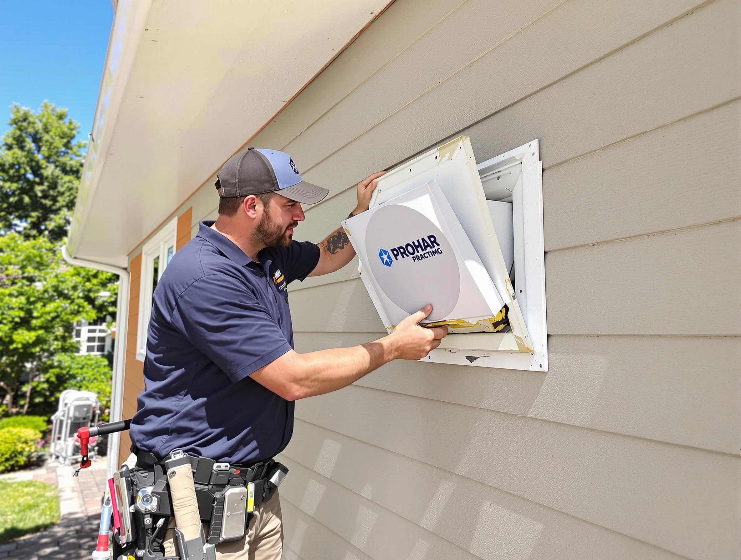 Colonial Heights Dryer Vent Cleaning technician installing a new protective dryer vent cover on a home in Colonial Heights