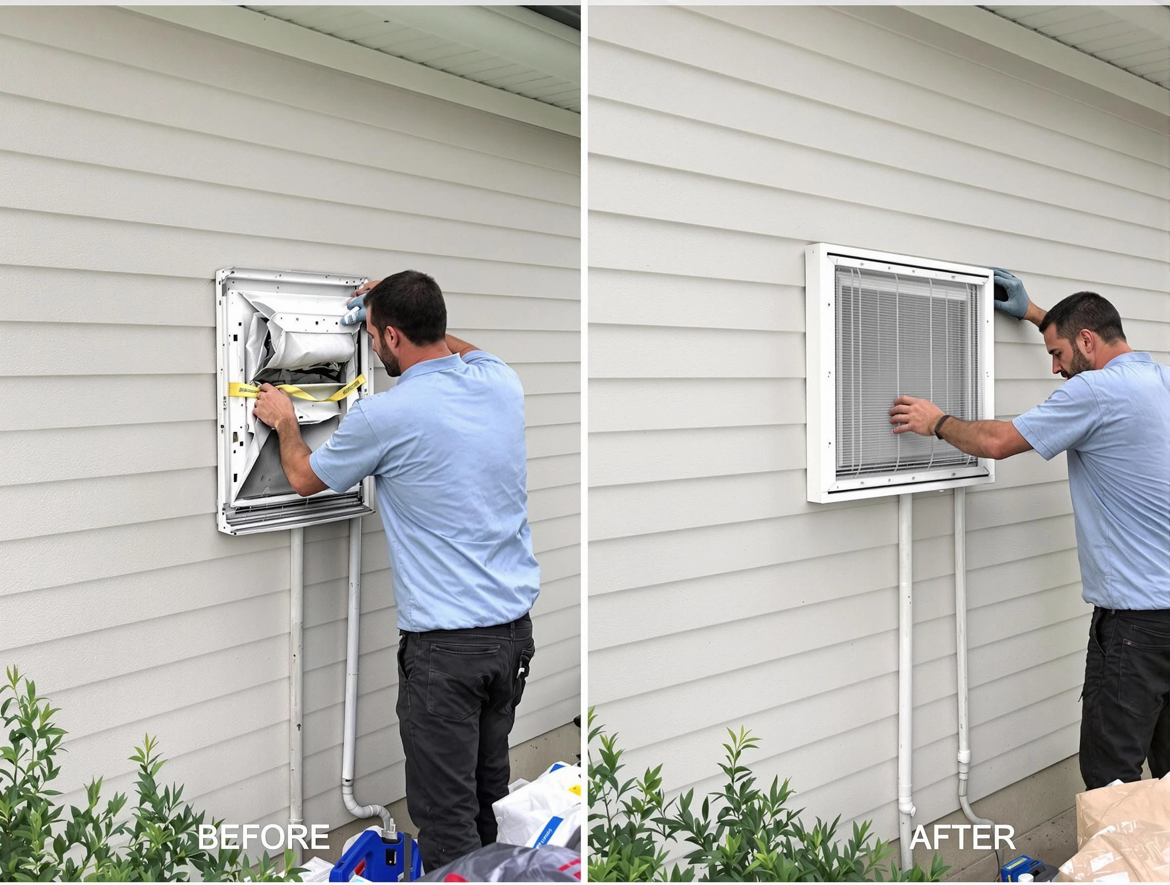 Colonial Heights Dryer Vent Cleaning technician installing high-quality dryer vent cover at a residential property in Colonial Heights